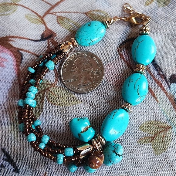 Howlite Faux Turquoise Color Veining Brown Copper Seed Beads Bracelet Anklet - Picture 6 of 9